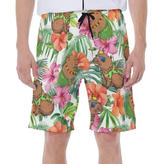 Funny Capybara Hibiscus Hawaiian Swim Trunks For Men