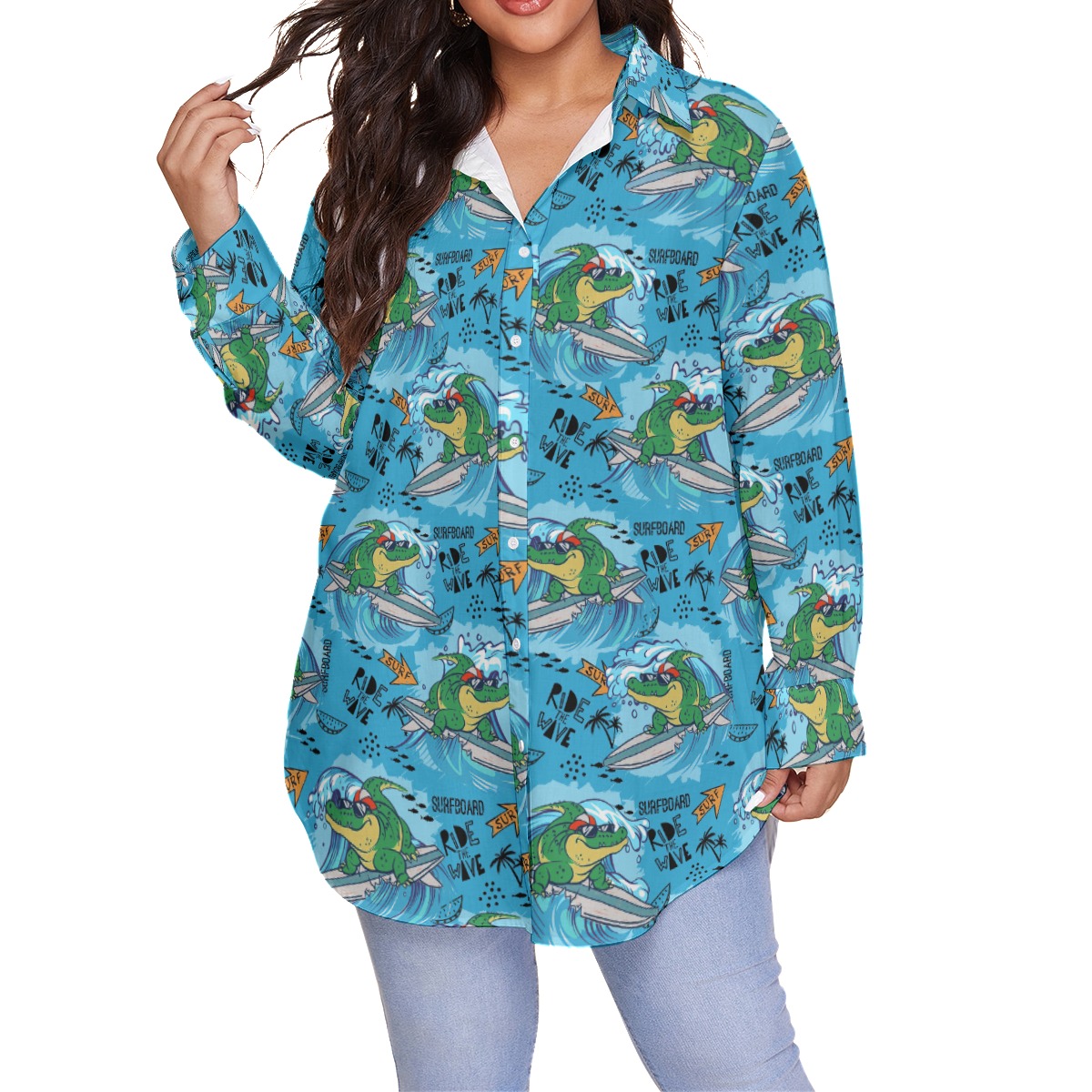 Funny Crocodiles Surfing Blue Hawaiian Oversize Shirt For Women - variant image 1
