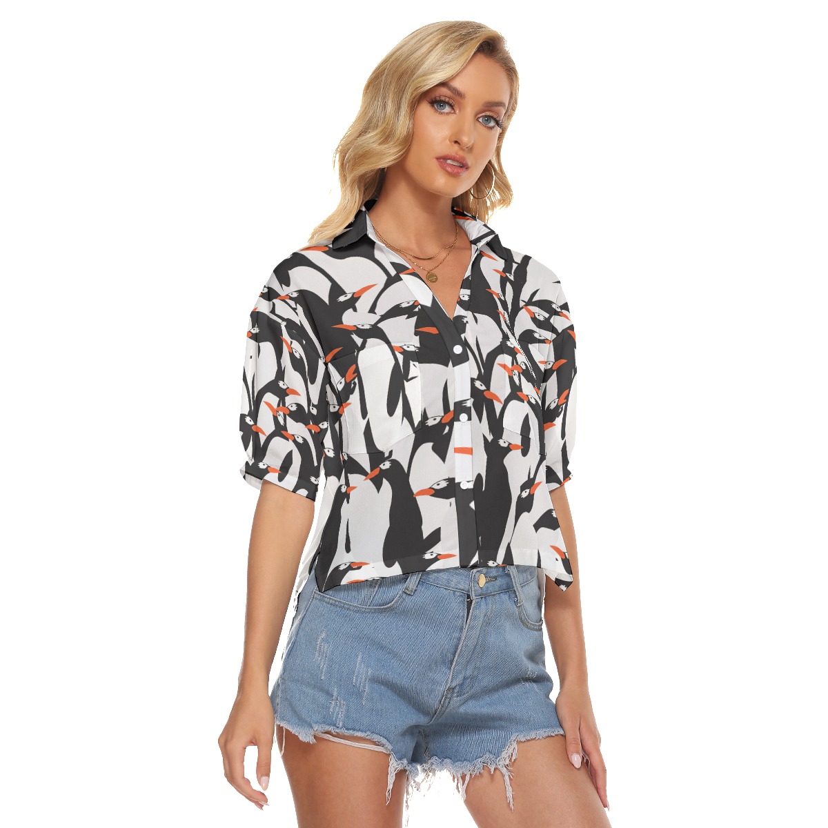 Funny Penguin Colony Aloha Crop Top Shirt For Women