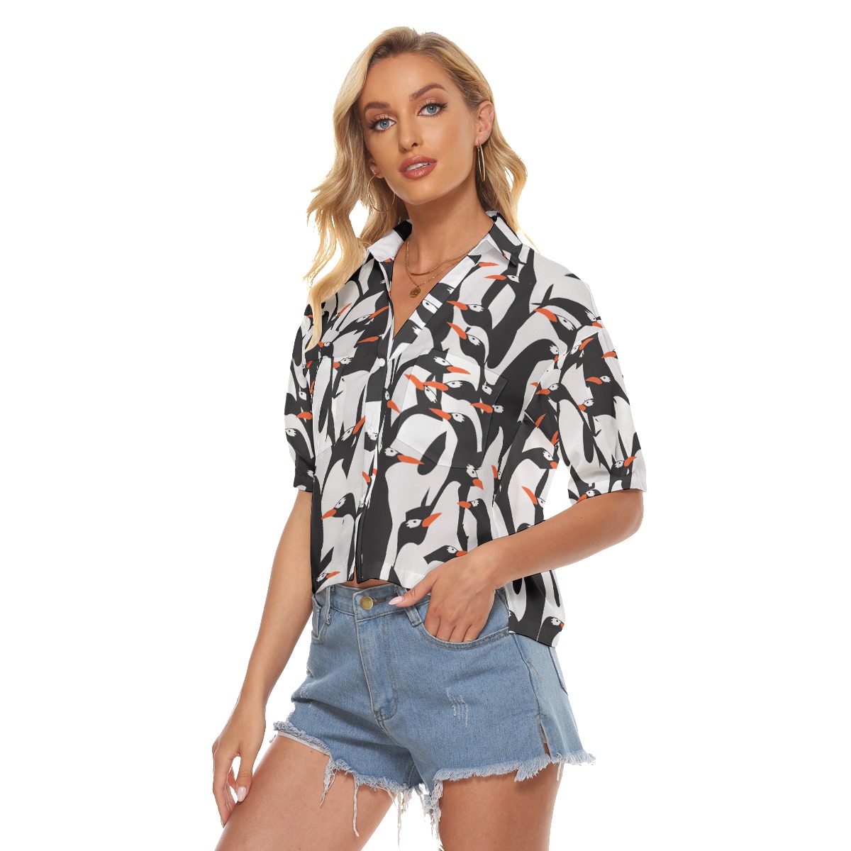 Funny Penguin Colony Aloha Crop Top Shirt For Women