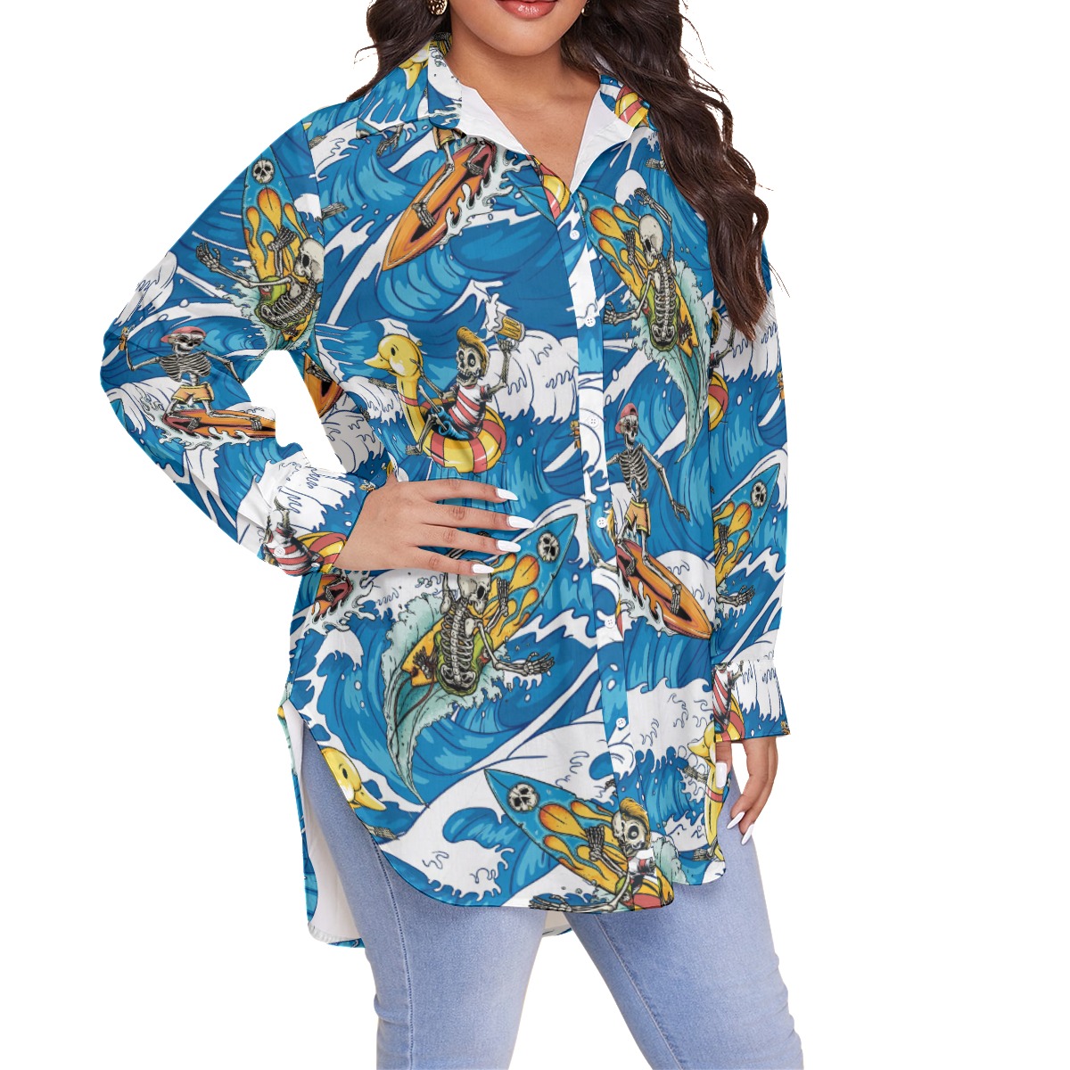 Cool Skeleton Surfing Blue Aloha Long Sleeve Shirt For Women