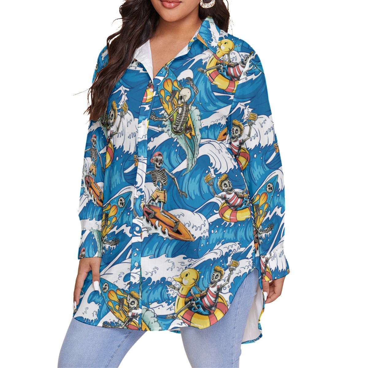 Cool Skeleton Surfing Blue Aloha Long Sleeve Shirt For Women