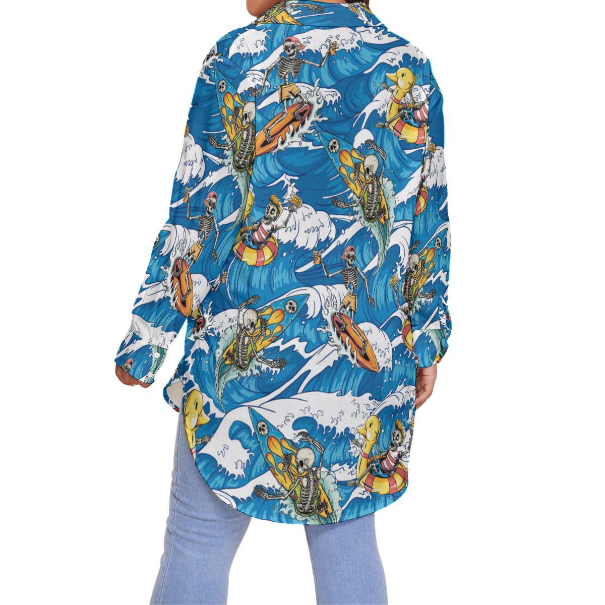 Cool Skeleton Surfing Blue Aloha Long Sleeve Shirt For Women
