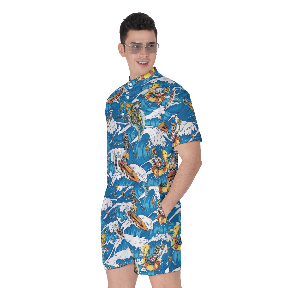 Tropical Skeleton Surfing Men's Hawaiian Romper