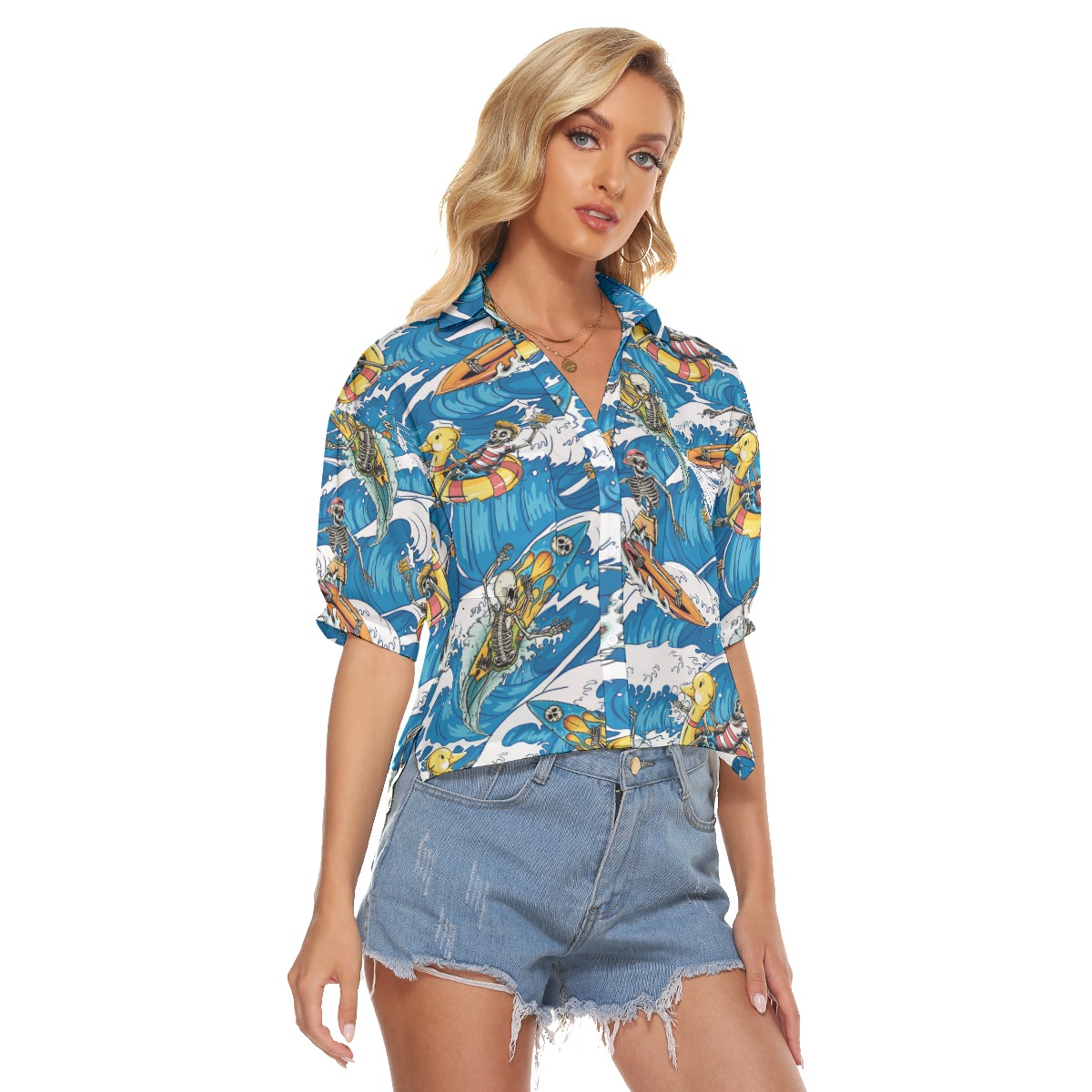 Funny Skeleton Surfing Aloha Crop Top Shirt