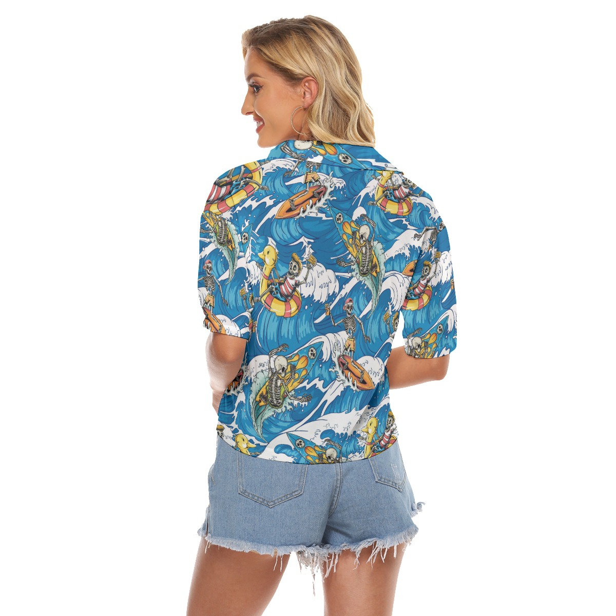Funny Skeleton Surfing Aloha Crop Top Shirt