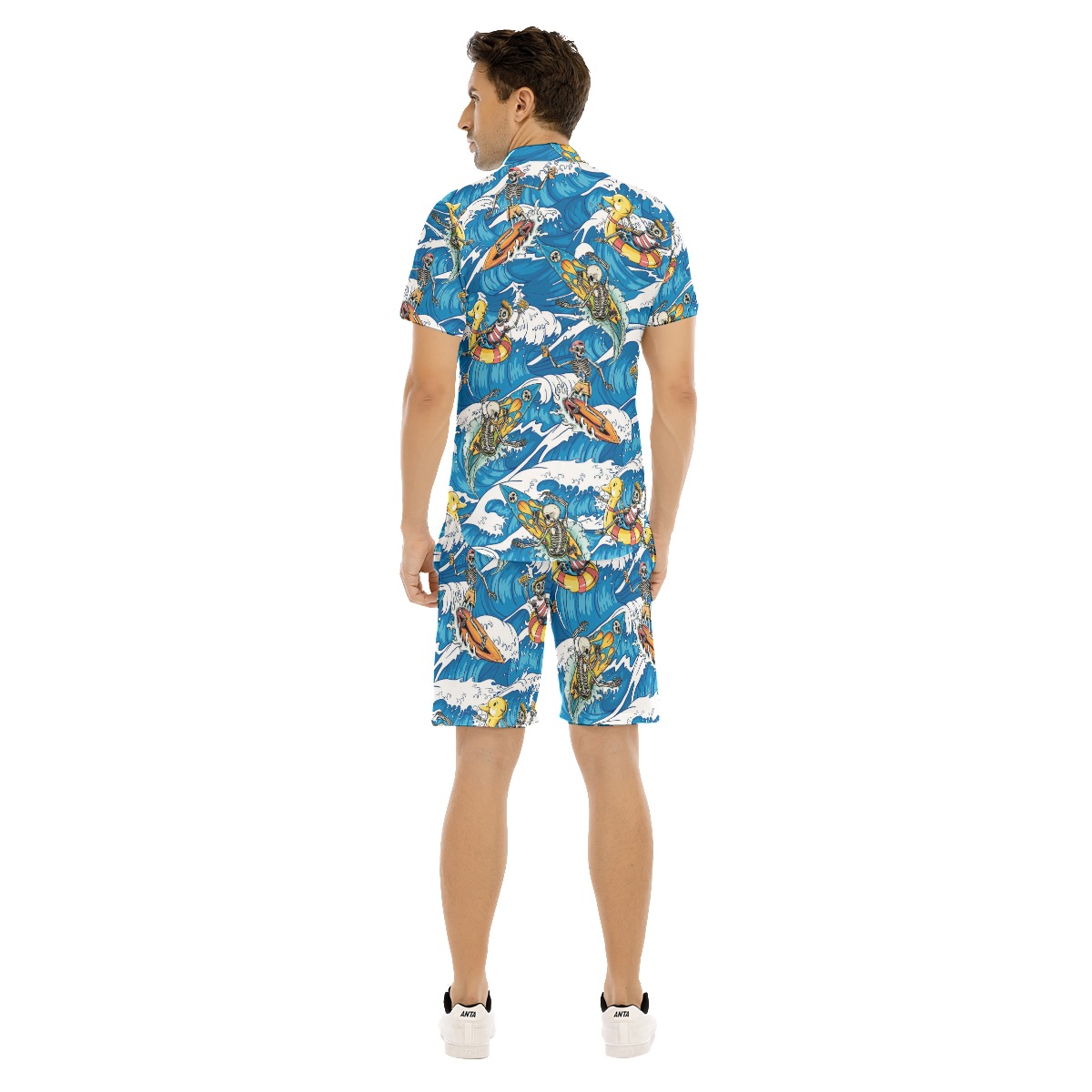 Set Skeleton Surfing Blue Hawaiian Shirt And Matching Shorts For Men