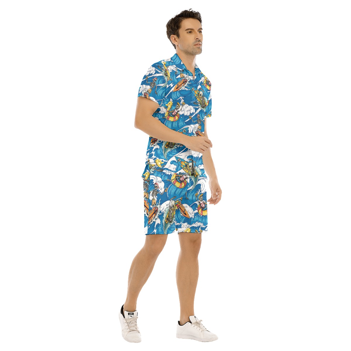 Set Skeleton Surfing Blue Hawaiian Shirt And Matching Shorts For Men