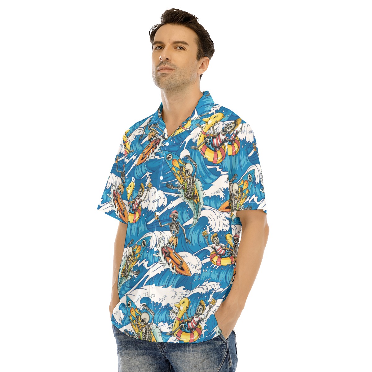 Skeleton Surfing Blue Hawaiian Shorts For Men