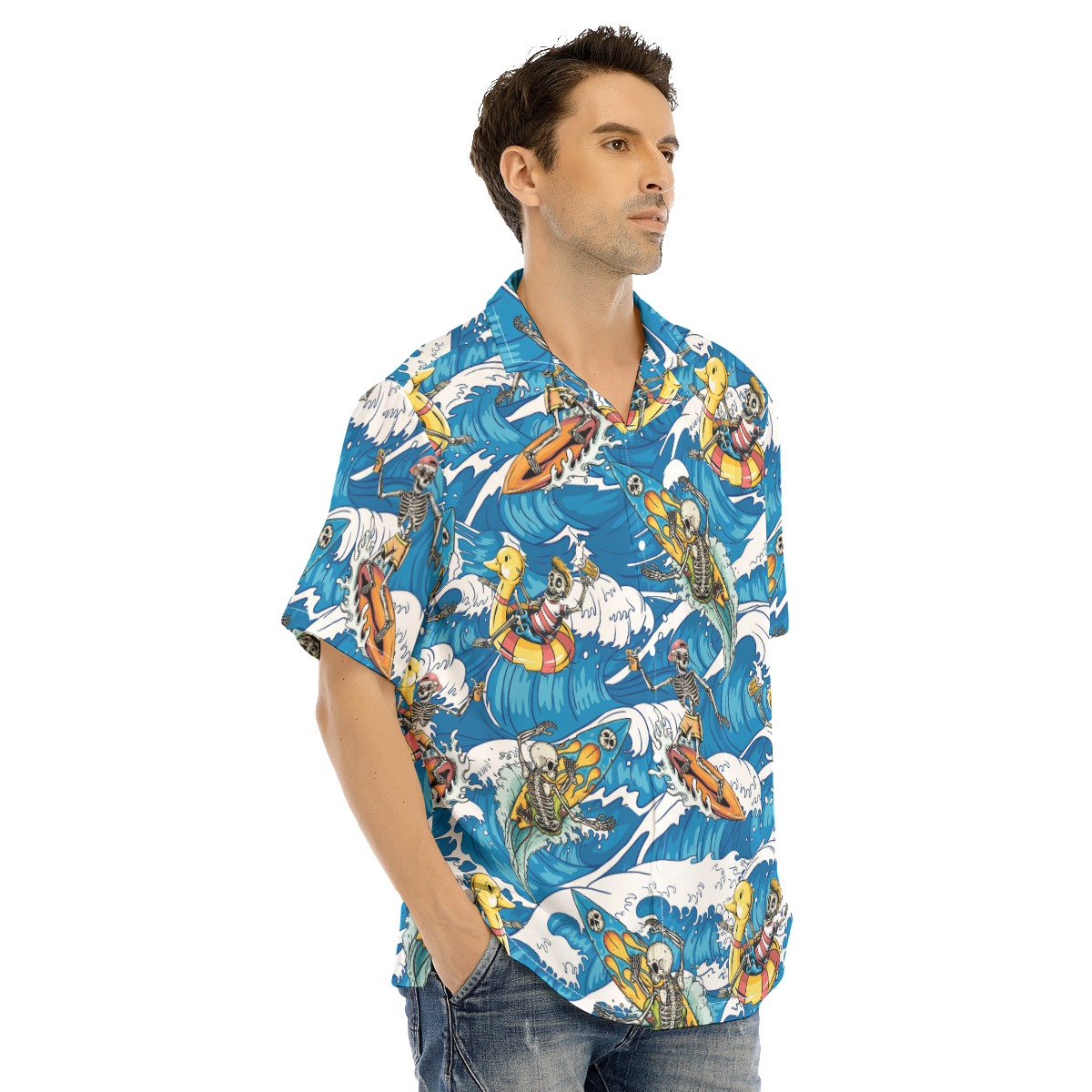 Skeleton Surfing Blue Hawaiian Shorts For Men