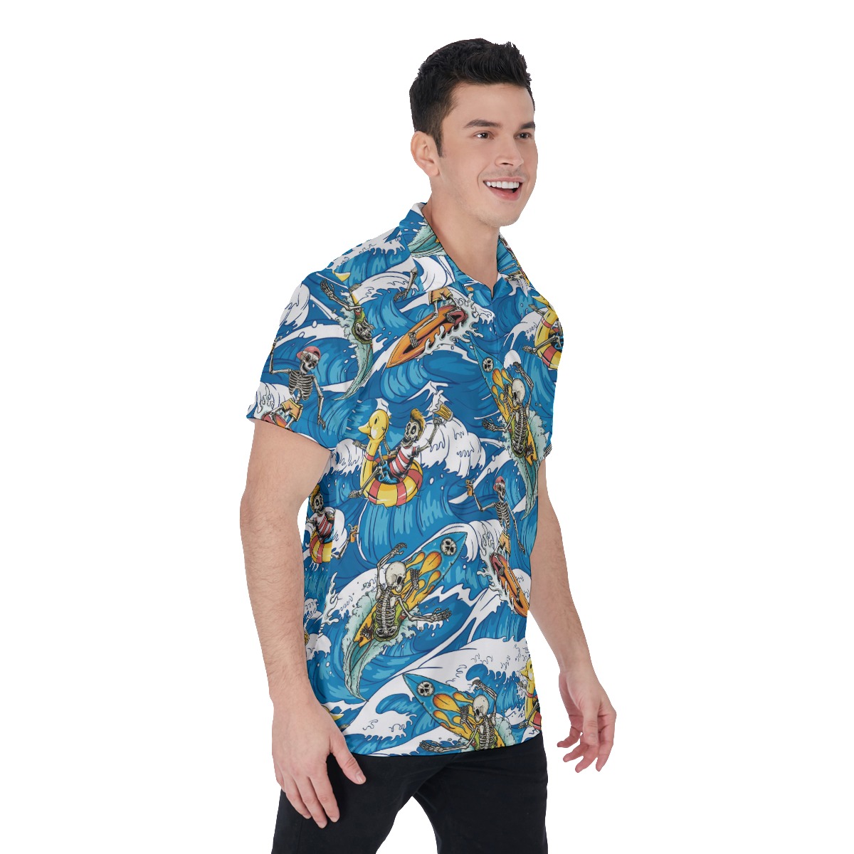 Funny Surfing Skeleton Blue Hawaiian Golf Polo Shirt