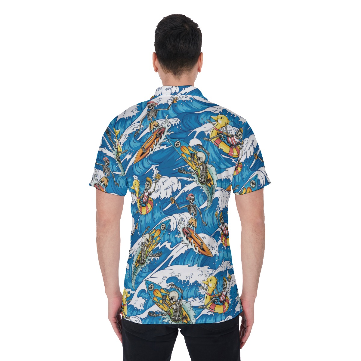 Funny Surfing Skeleton Blue Hawaiian Golf Polo Shirt