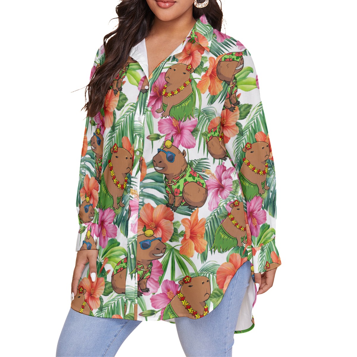 Hula Capybara Hibiscus Tropical Hawaiian Plus Size Shirt For Women