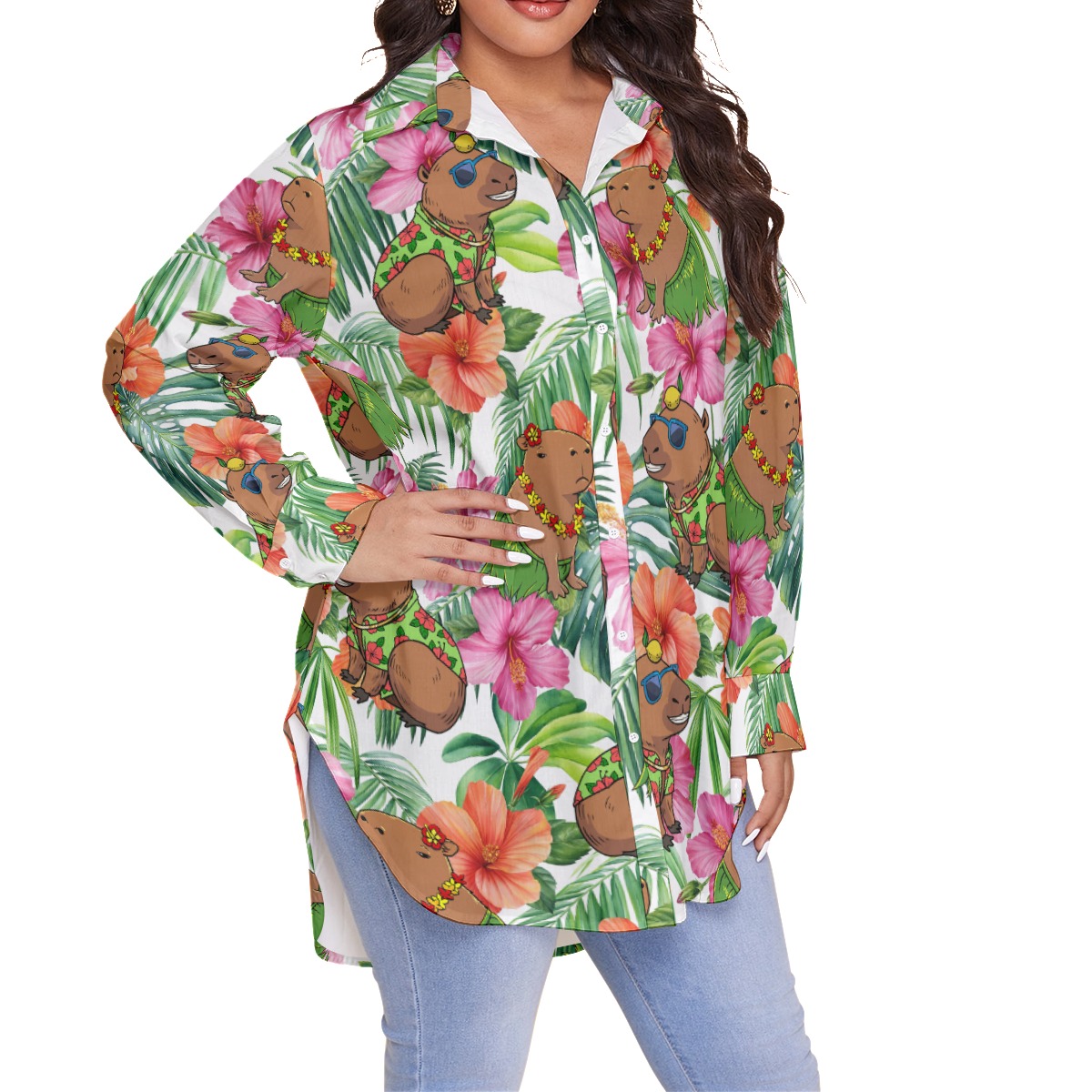 Hula Capybara Hibiscus Tropical Hawaiian Plus Size Shirt For Women