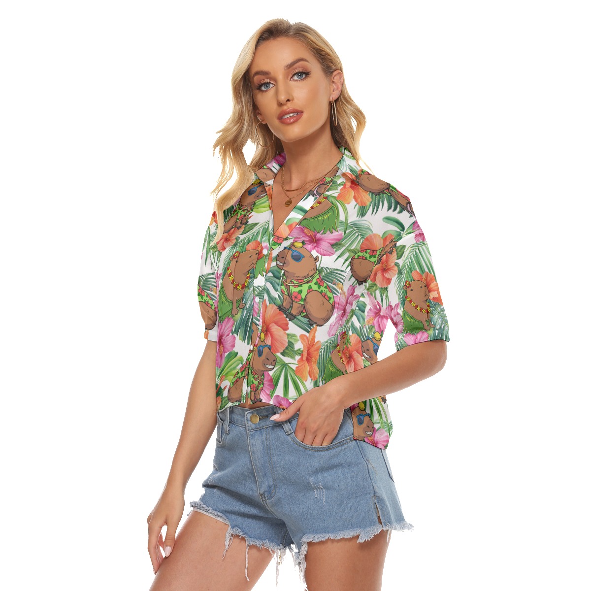 Funny Capybara Hibiscus Aloha V-Neck Shirt For Women