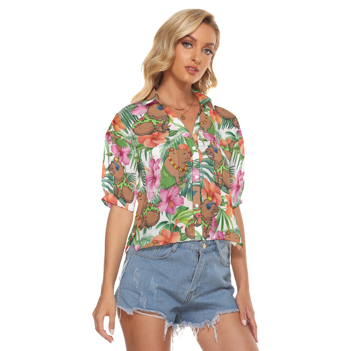 Funny Capybara Hibiscus Aloha V-Neck Shirt For Women