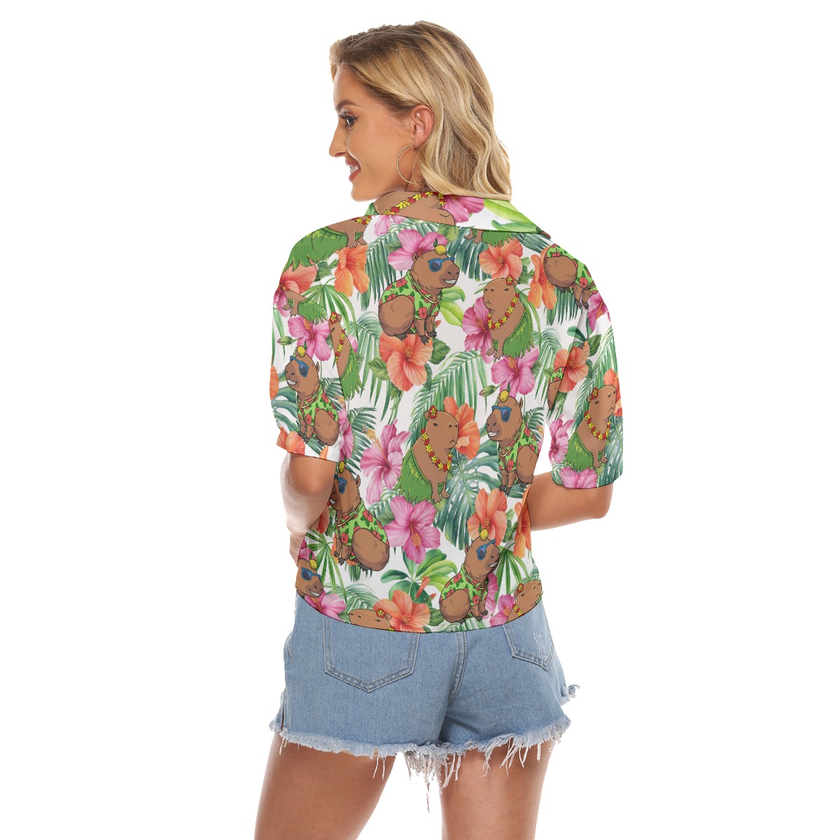 Funny Capybara Hibiscus Aloha V-Neck Shirt For Women