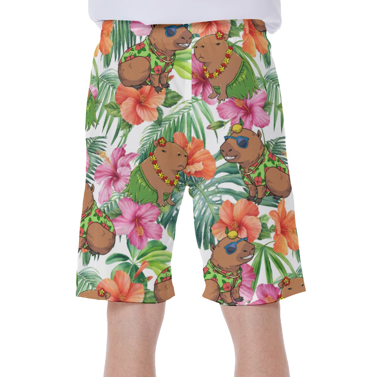 Funny Capybara Hibiscus Hawaiian Swim Trunks For Men