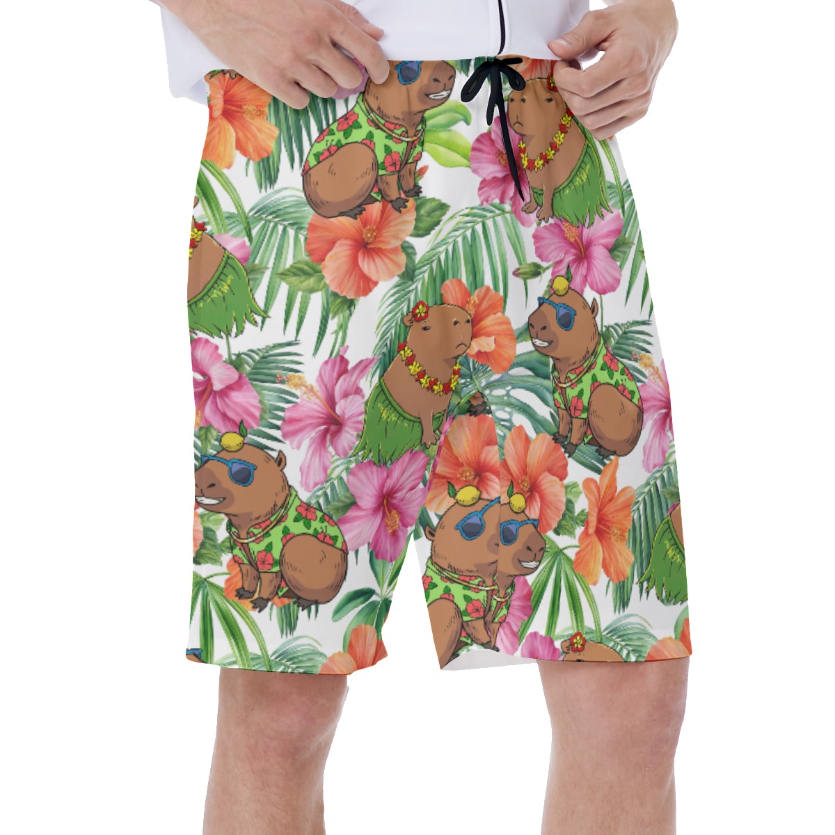 Funny Capybara Hibiscus Hawaiian Swim Trunks For Men