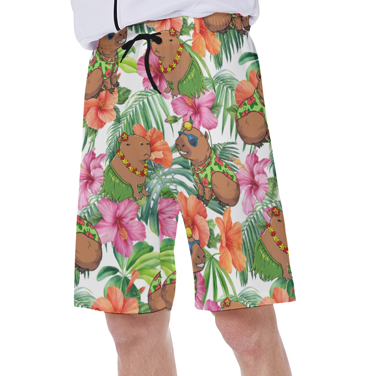 Funny Capybara Hibiscus Hawaiian Swim Trunks For Men
