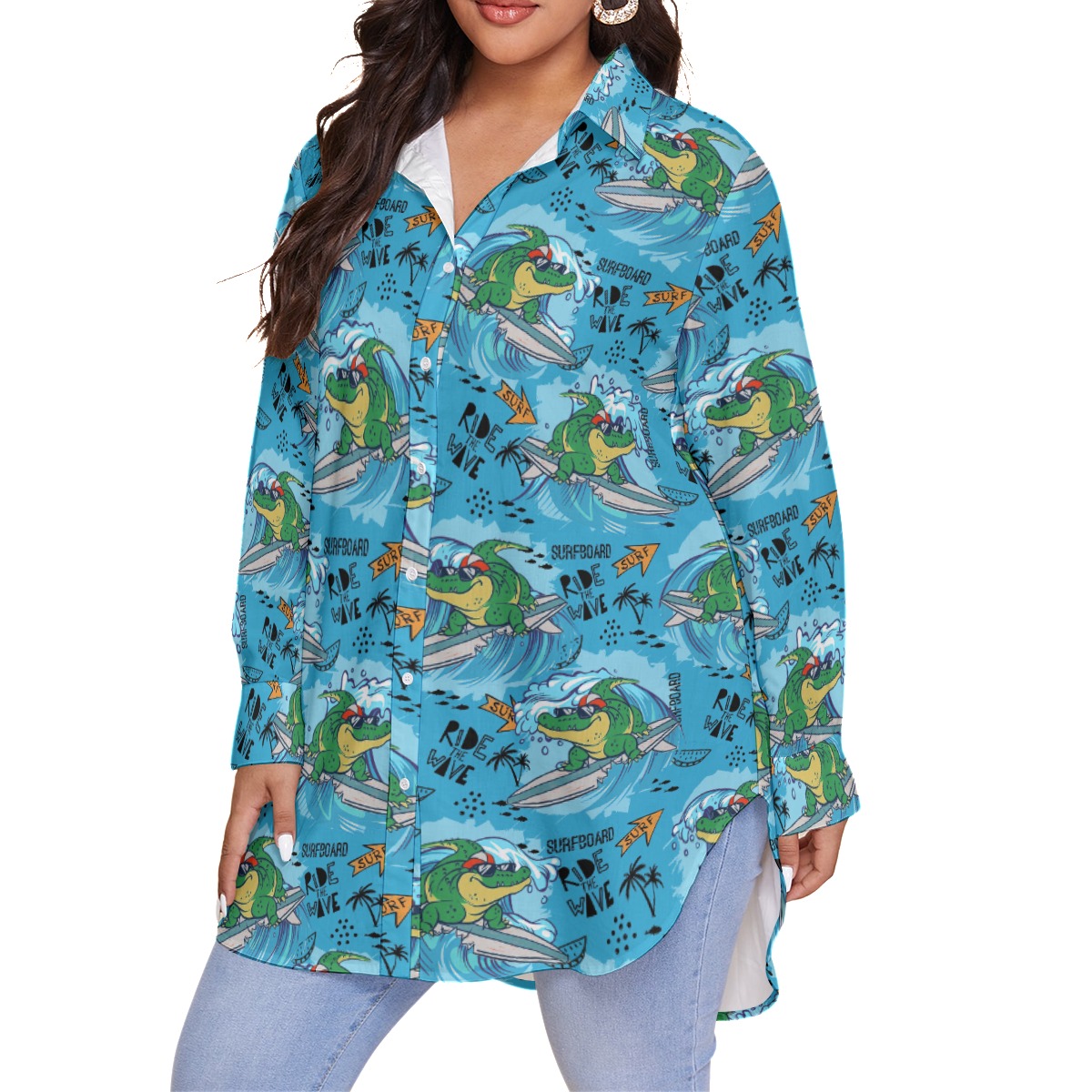 Funny Crocodiles Surfing Blue Hawaiian Oversize Shirt For Women