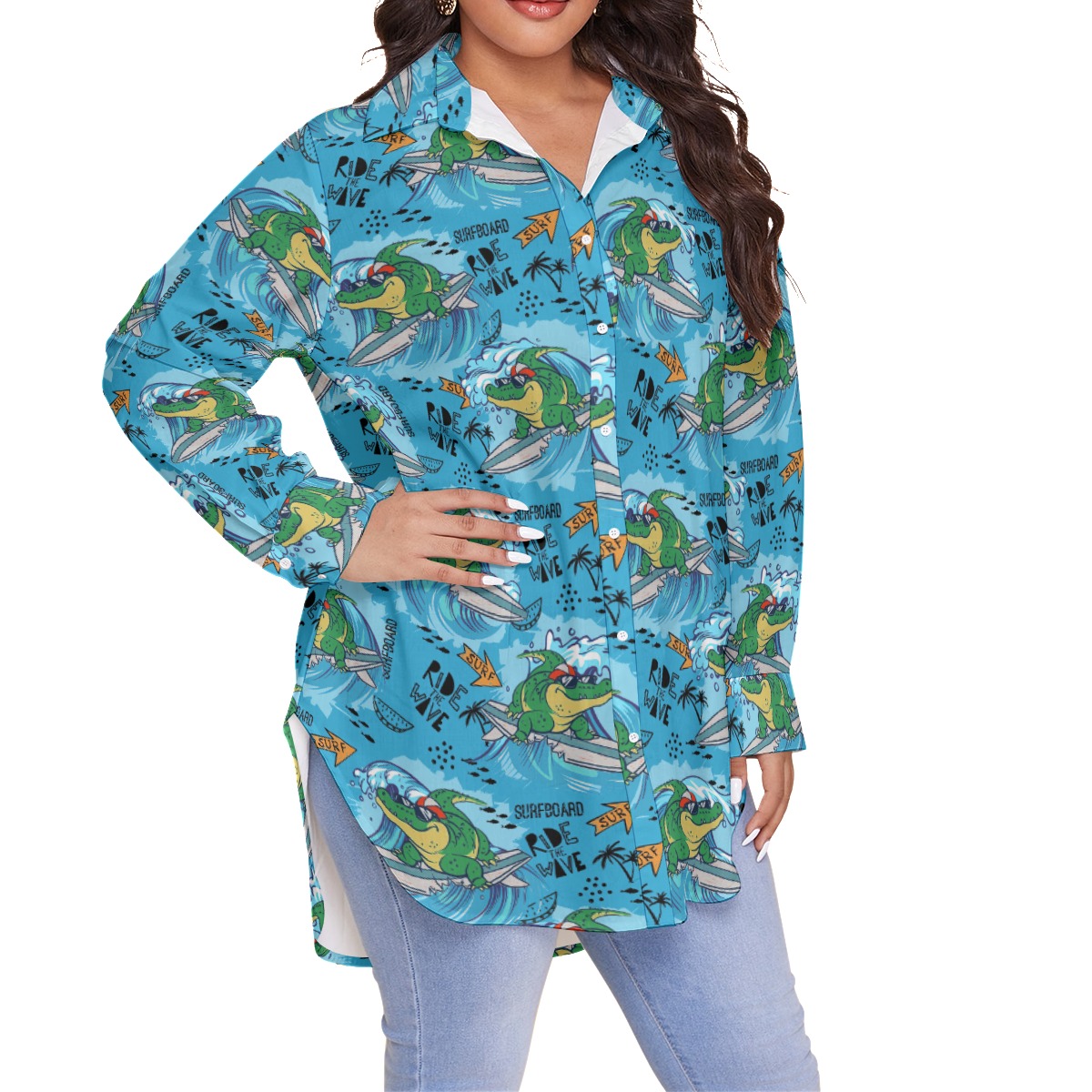 Funny Crocodiles Surfing Blue Hawaiian Oversize Shirt For Women