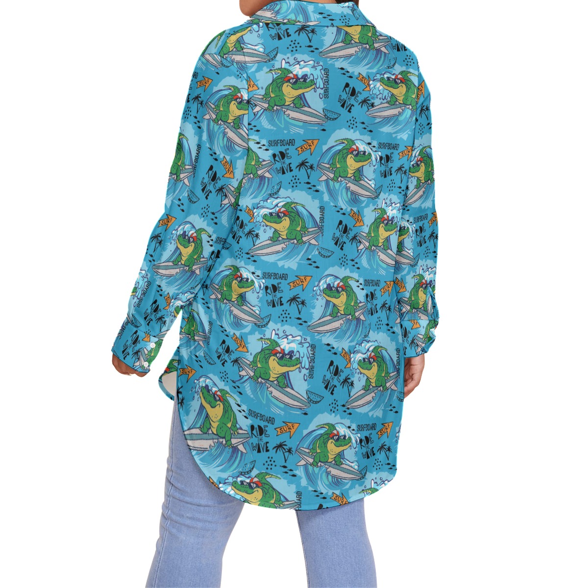 Funny Crocodiles Surfing Blue Hawaiian Oversize Shirt For Women