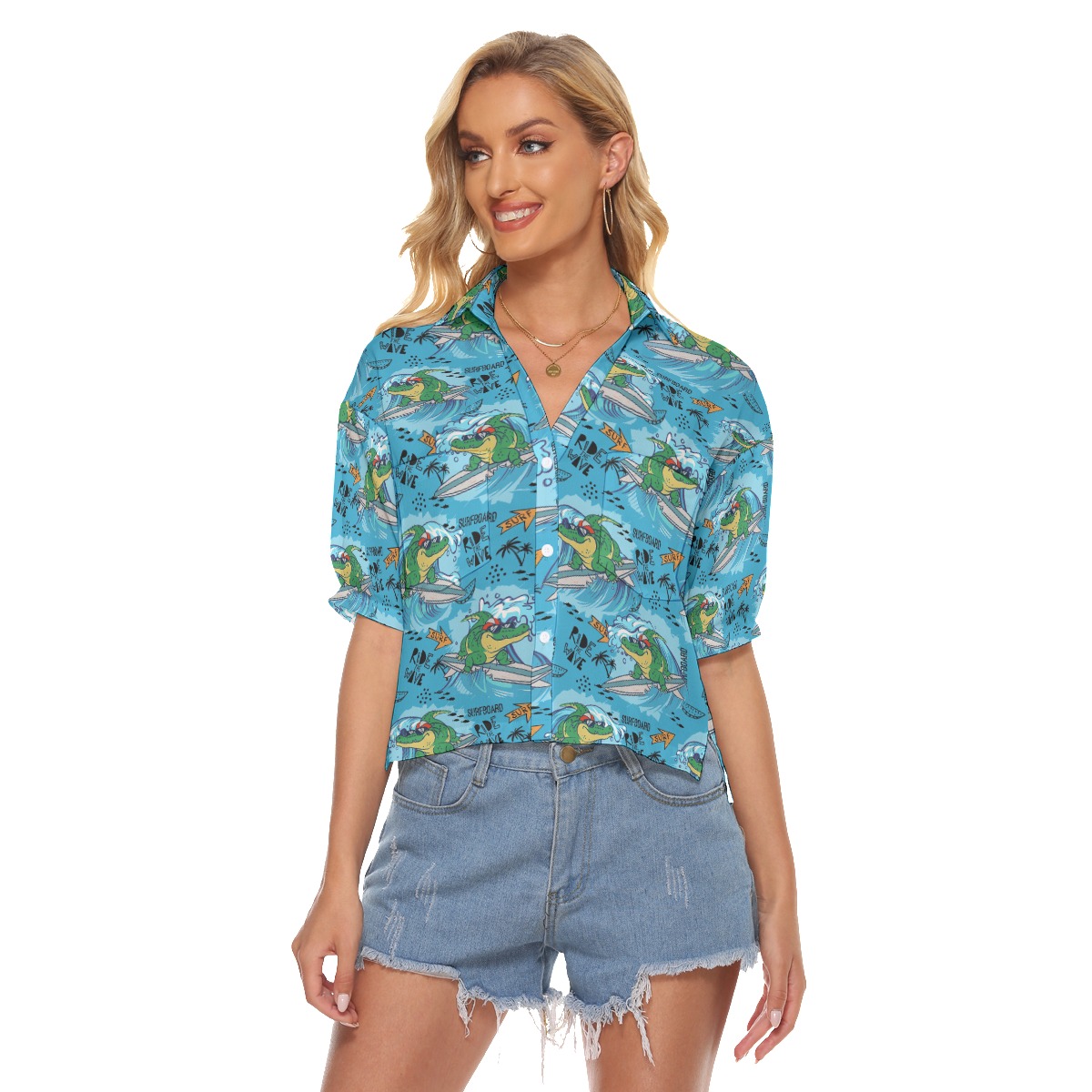 Funny Surfing Crocodiles Aloha V-Neck Shirt For Women - variant image 1