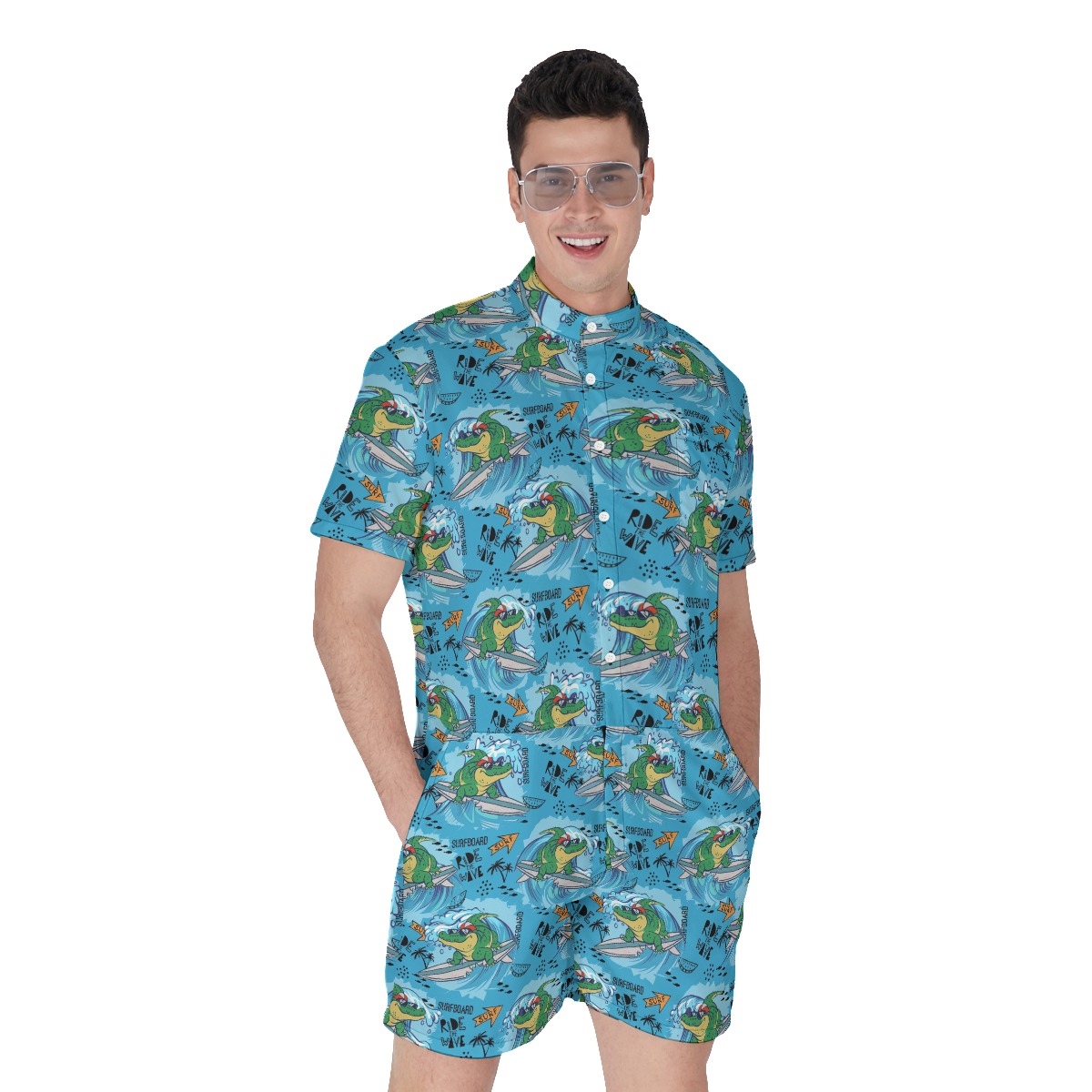 Crocodiles Ride The Waves Blue Men's Hawaiian Romper - variant image 1
