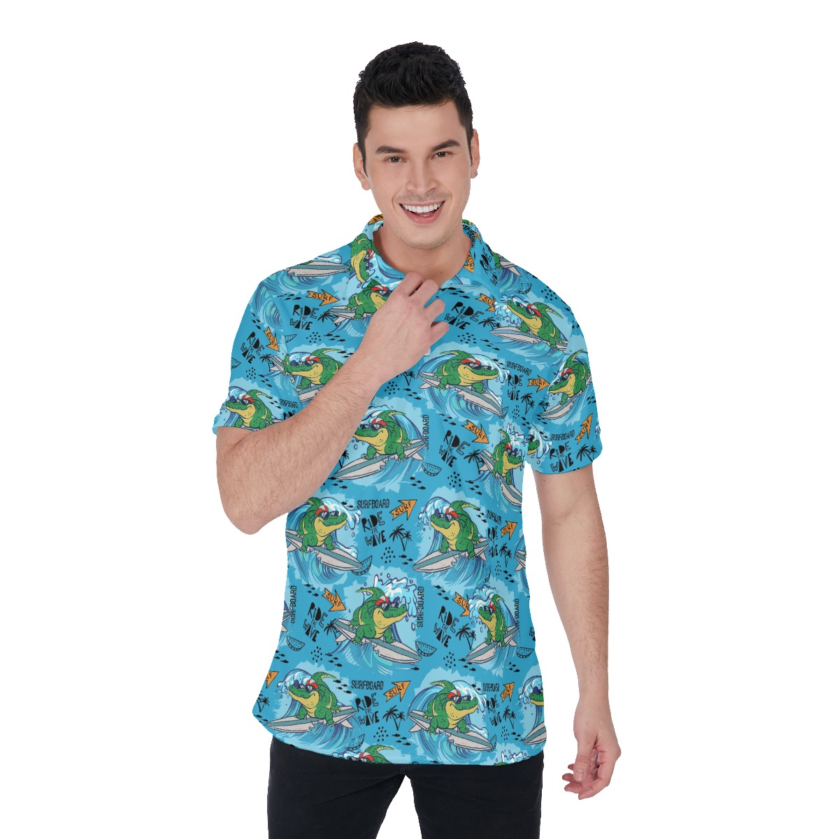 Ride The Wave Crocodiles Blue Hawaiian Polo Shirt - variant image 1