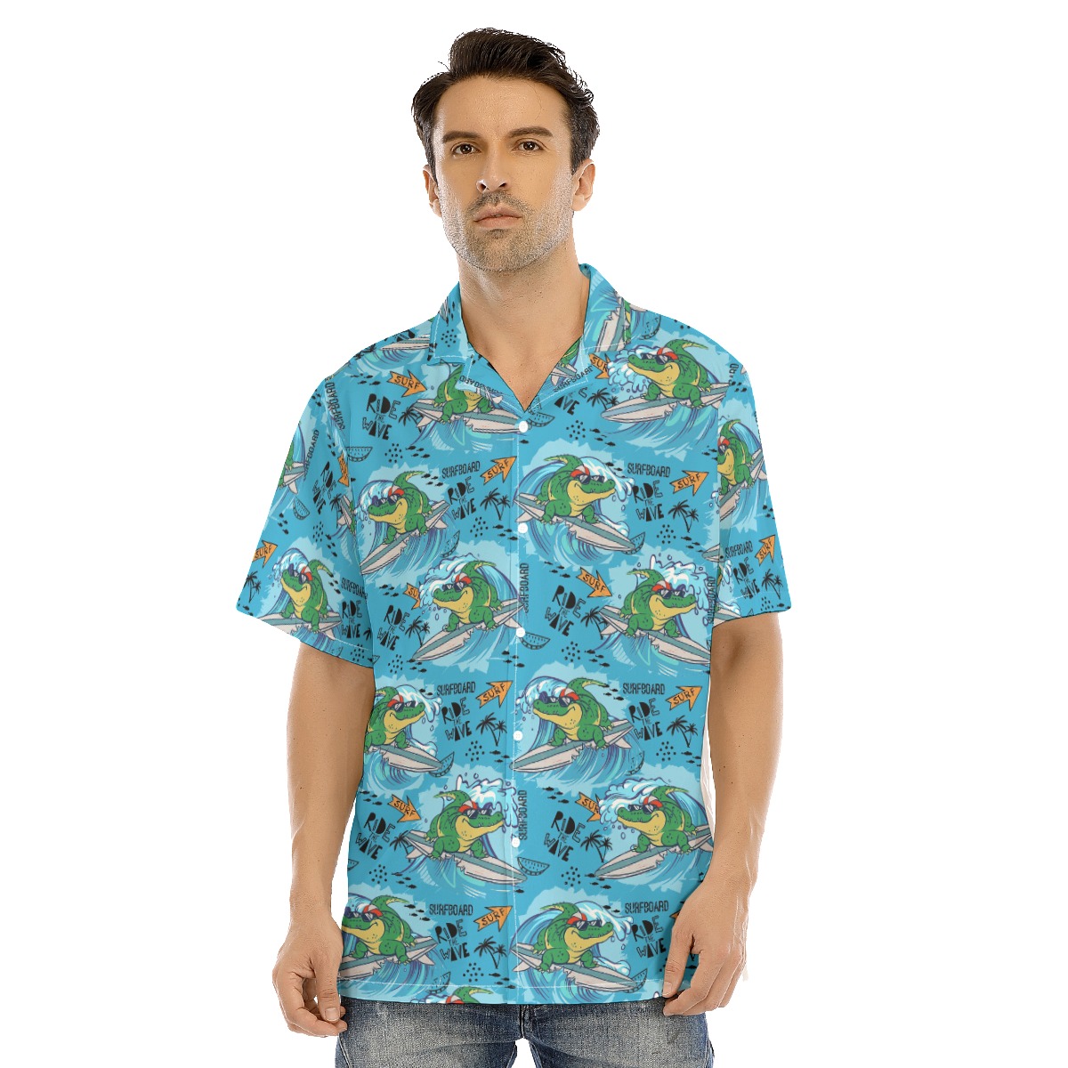 Funny Surfing Crocodiles Blue Hawaiian Shirt - variant image 1
