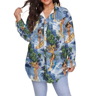 Tropical Surfing Girl Blue Hawaiian Blouse Shirt For Women