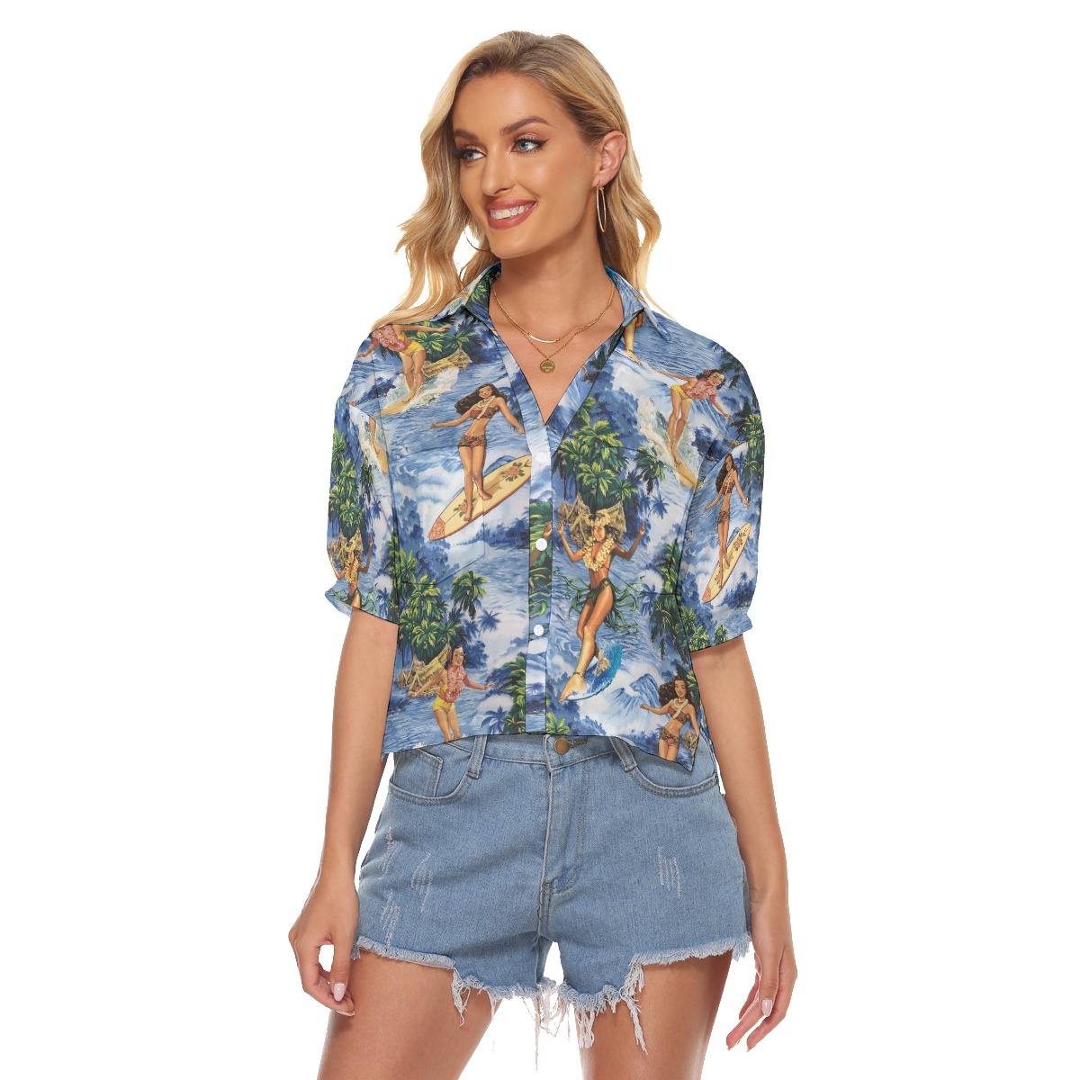 Funny Hula Girl Surfing Aloha V-Neck Shirt For Women - variant image 1