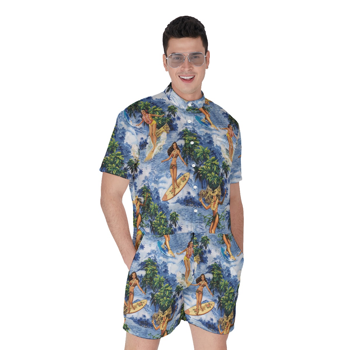Funny Hula Girl Surfing Hawaiian Romper For Men - variant image 1