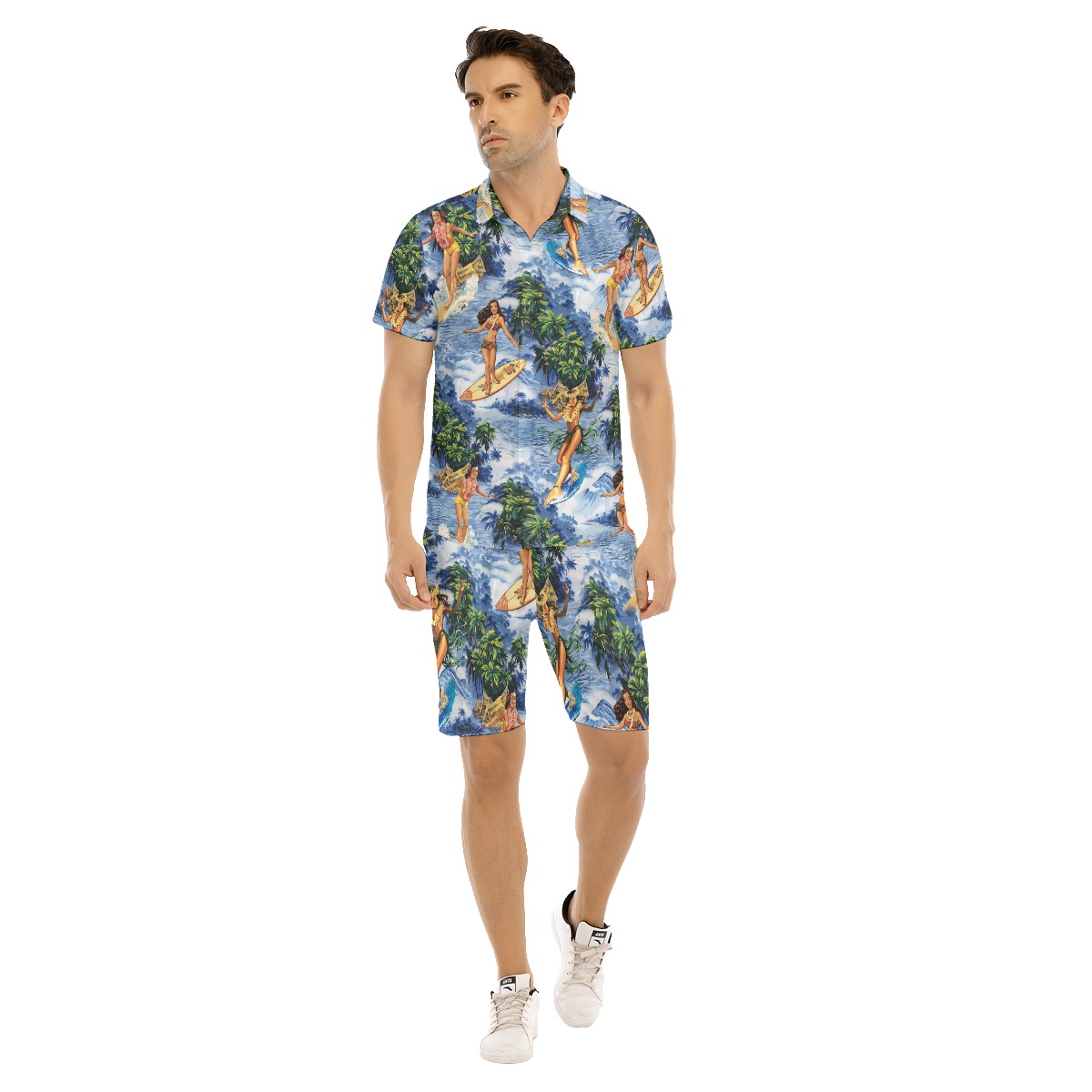 Tropical Hula Girl Surfing Hawaiian Shirt Set For Men - variant image 1