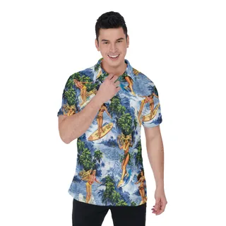 Tropical Hula Girl Surfing Blue Hawaiian Polo Shirt