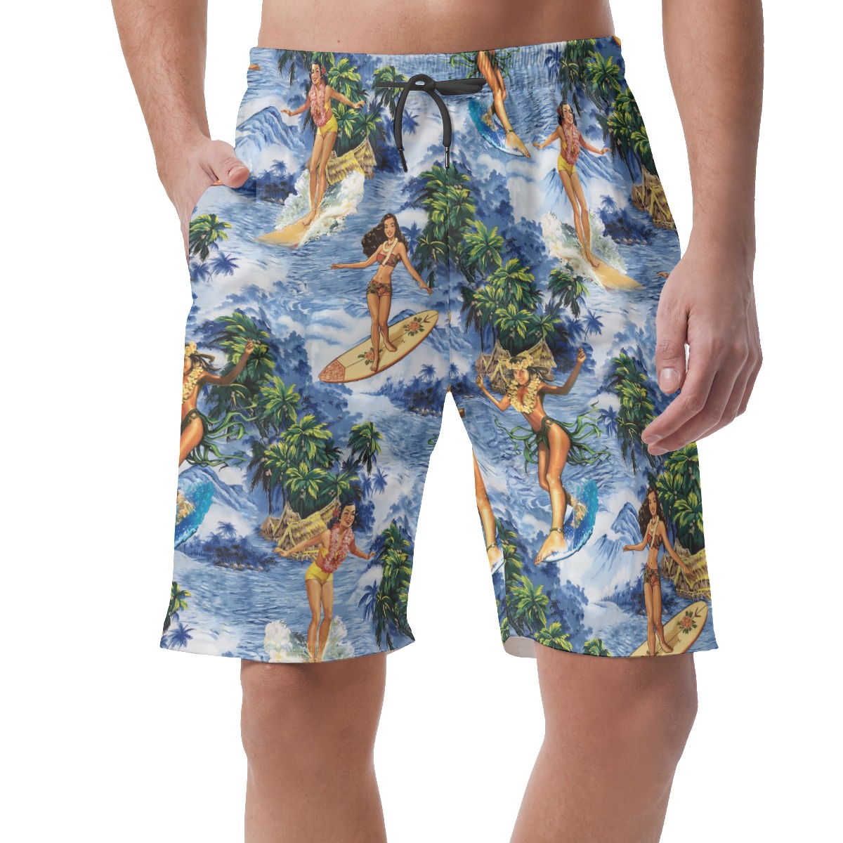 Hula Girl Surfing Vintage Hawaiian Beach Shorts For Men - variant image 1