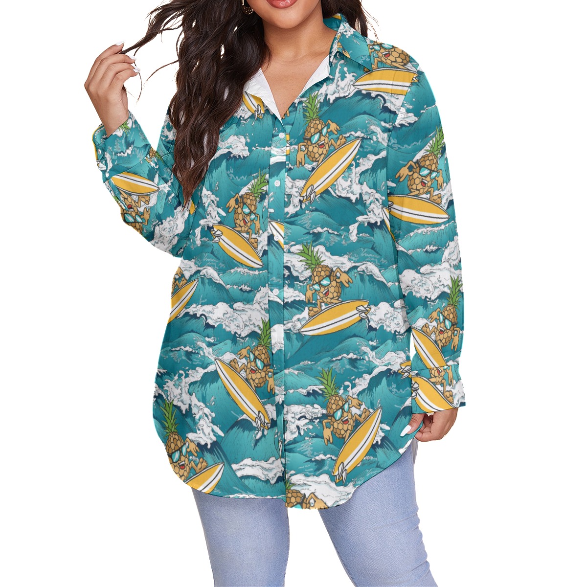 Funny Pineapple Surfing Blue Hawaiian Long Sleeve Plus Size Shirt - variant image 1