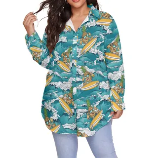 Funny Pineapple Surfing Blue Hawaiian Long Sleeve Plus Size Shirt
