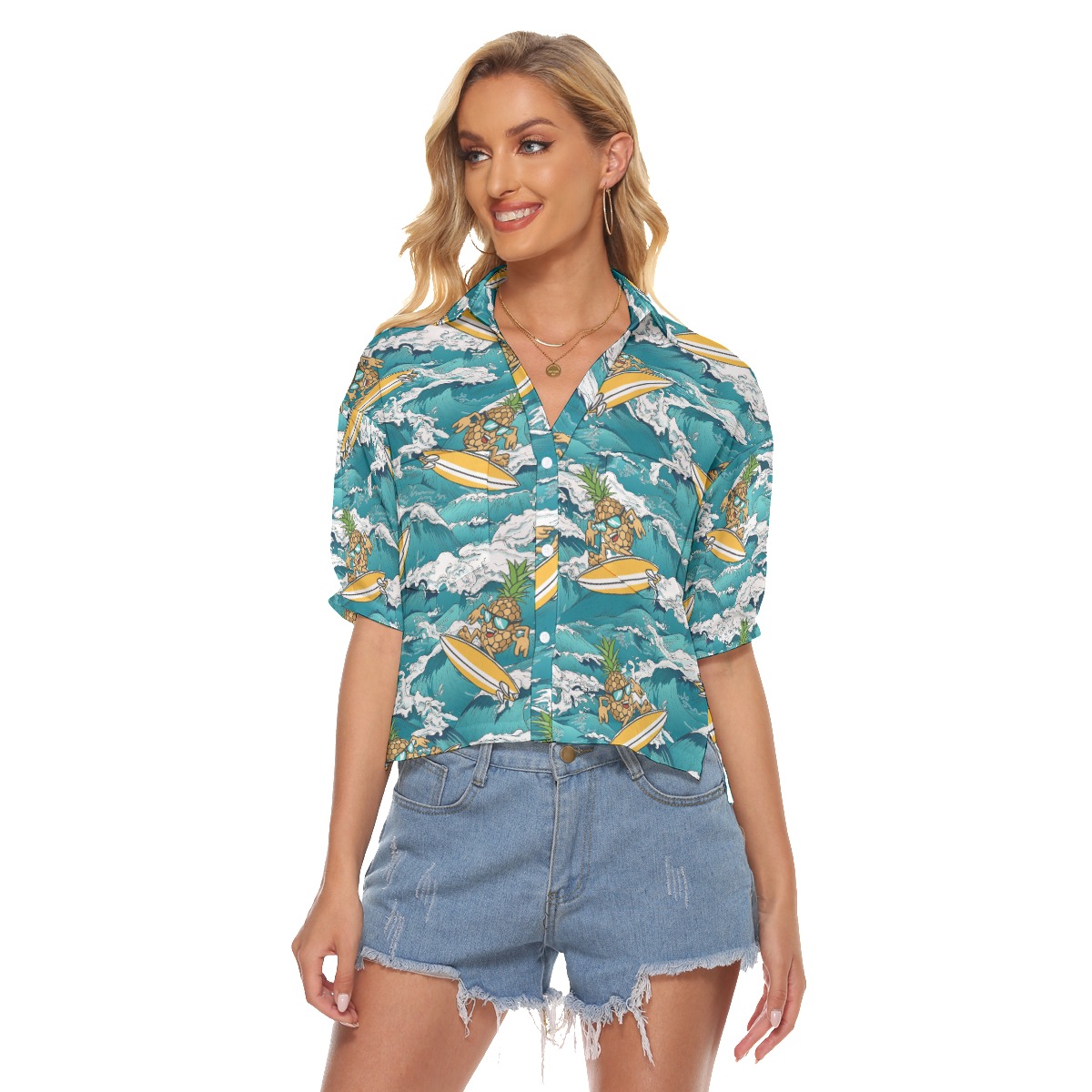 Funny Pineapple Surfing Wave Hawaiian Crop Top Shirt - variant image 1