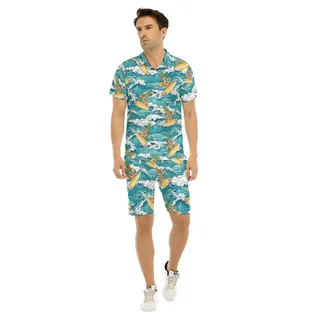Cool Pineapple Wave Surfing Blue Hawaiian Shirt And Matching Shorts For Men