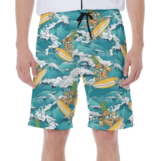 Funny Pineapple Wave Surfing Blue Hawaiian Swim Trunks For Men