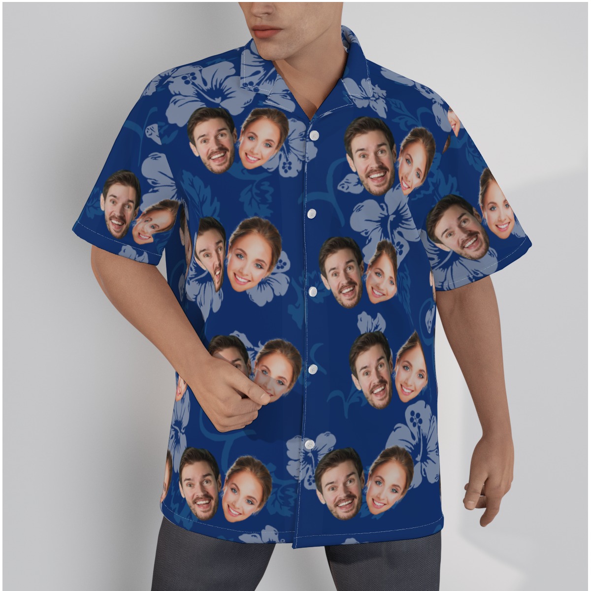 Unique Navy Custom Couple Face Hawaiian Button Up Shirt - variant image 1