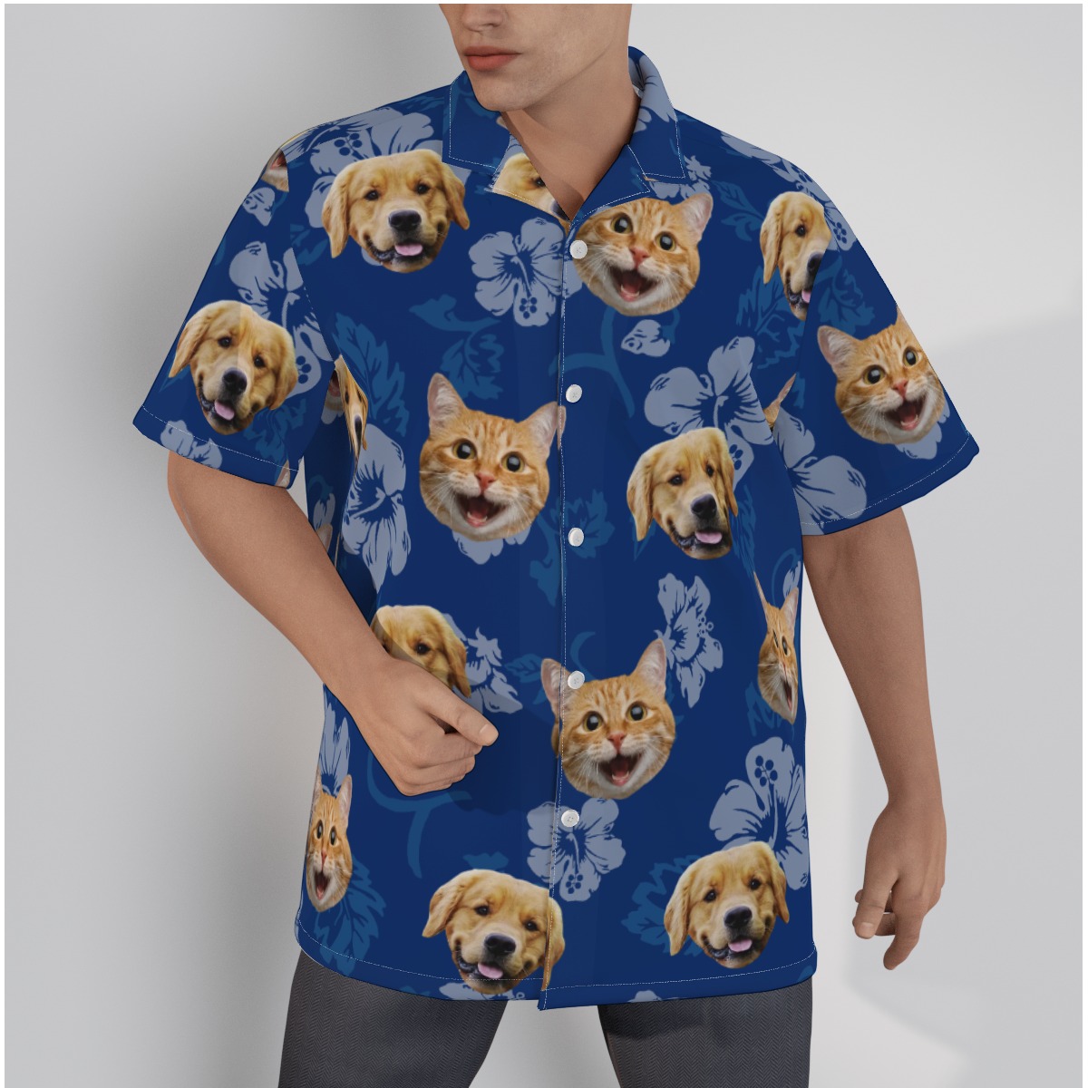 Custom Cat Dog Hawaiian Shirt Navy Blue - variant image 1
