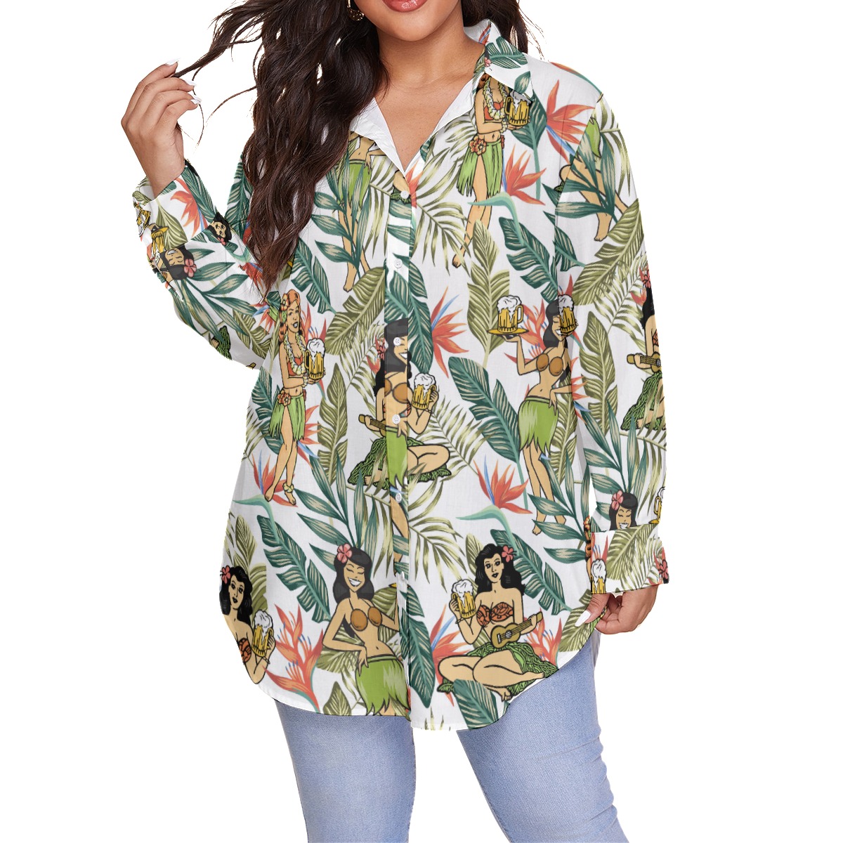 Floral Hula Girl Beer Hawaiian Plus Size Shirt For Women - variant image 1