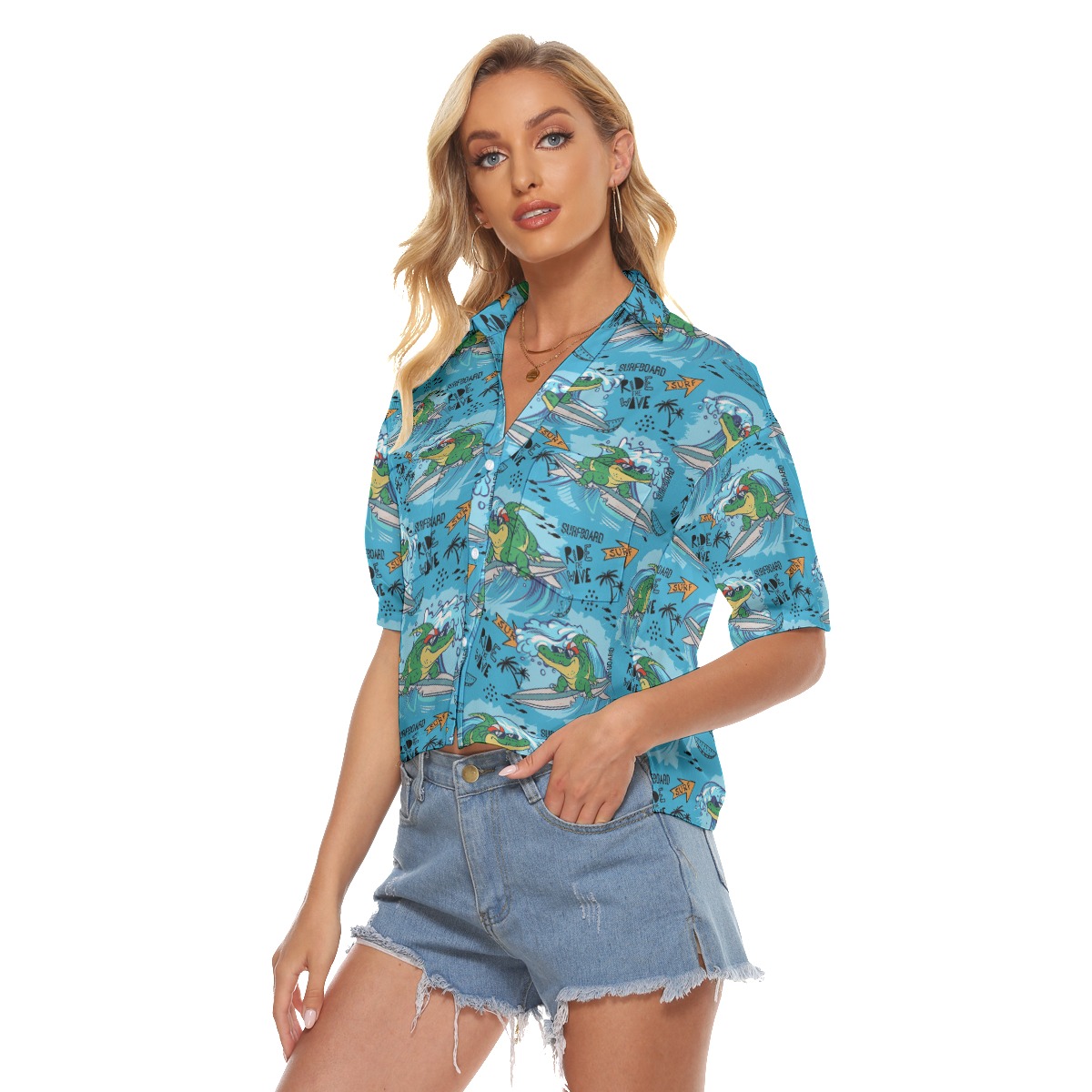 Funny Surfing Crocodiles Aloha V-Neck Shirt For Women
