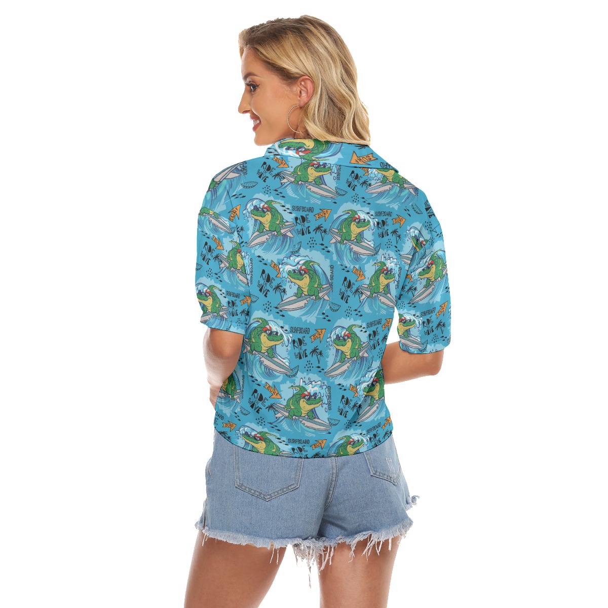 Funny Surfing Crocodiles Aloha V-Neck Shirt For Women