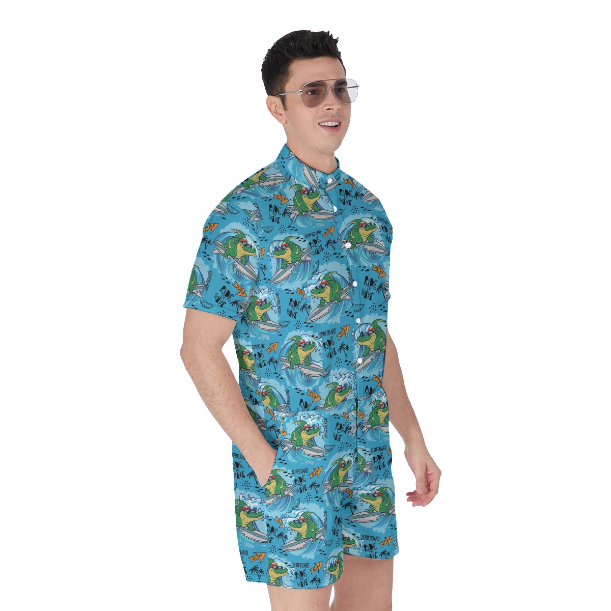 Crocodiles Ride The Waves Blue Men's Hawaiian Romper