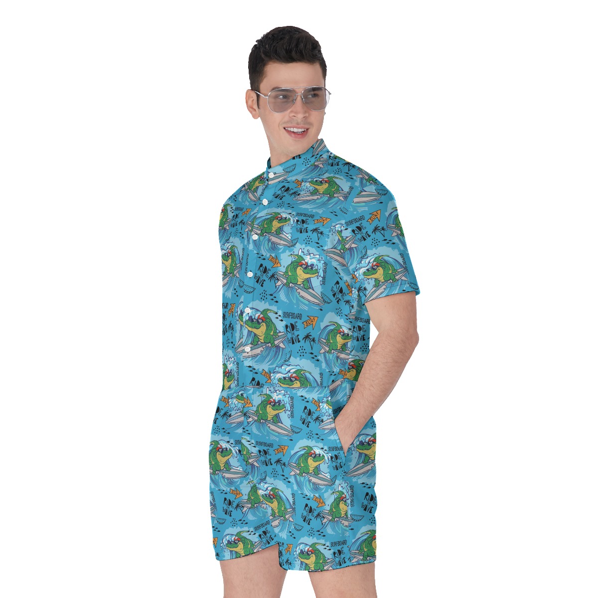 Crocodiles Ride The Waves Blue Men's Hawaiian Romper