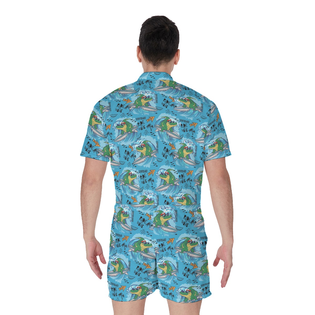 Crocodiles Ride The Waves Blue Men's Hawaiian Romper